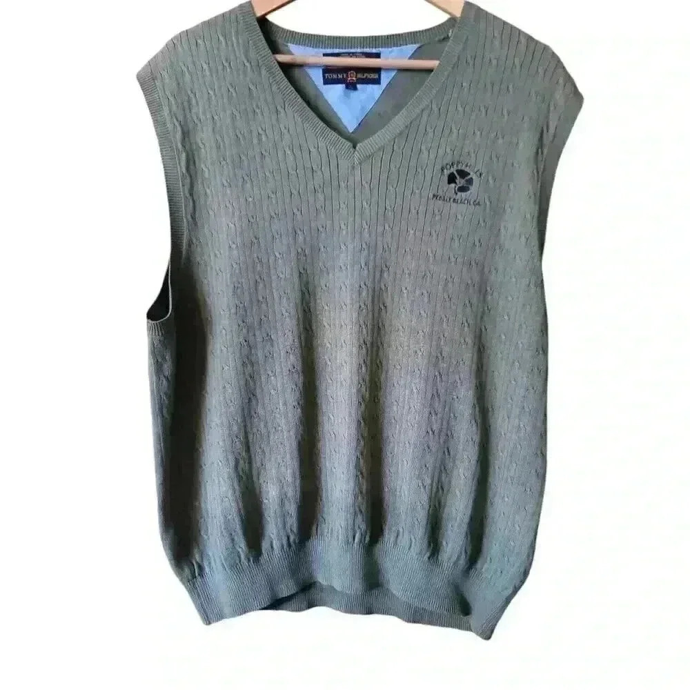Tommy Hilfiger Preppy Golf Green Knit Cotton Vest Men's Size Large Poppy Hills